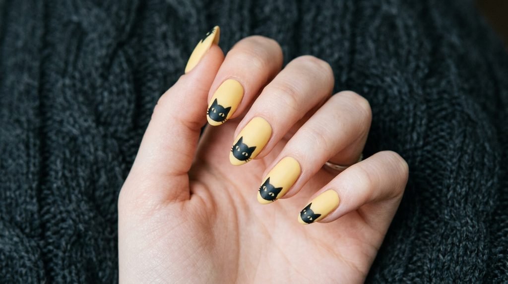 Black cat silhouette painted on almond nail tip with matte yellow background.