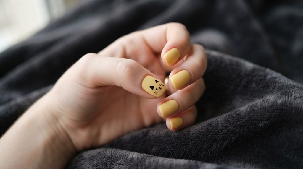Short squoval nails with matte yellow polish and single black cat tip accent.
