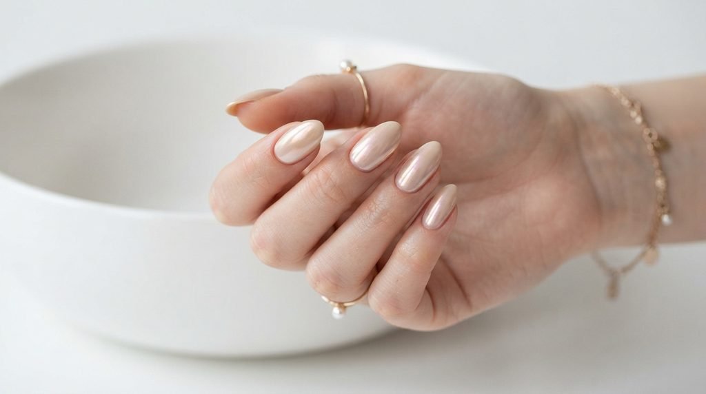 Pearl champagne chrome nails on a female hand over a white porcelain background.