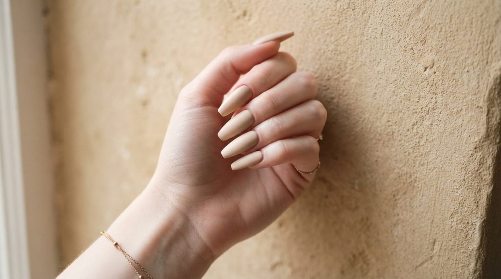 Long coffin nails painted in matte champagne beige gel against a warm plaster wall.