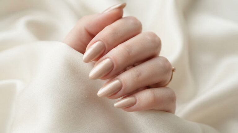 Medium-length almond-shaped nails painted in champagne beige polish on a female hand with white skin.