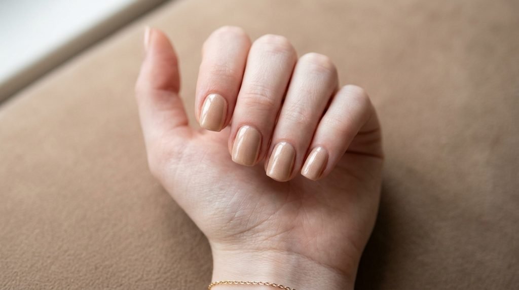 Short squoval nails with glossy champagne polish on a beige surface.