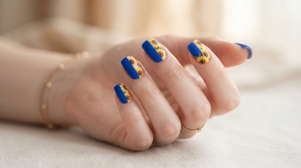 Slim almond nails with a half-and-half split of solid cobalt blue and yellow sunflower patterns.