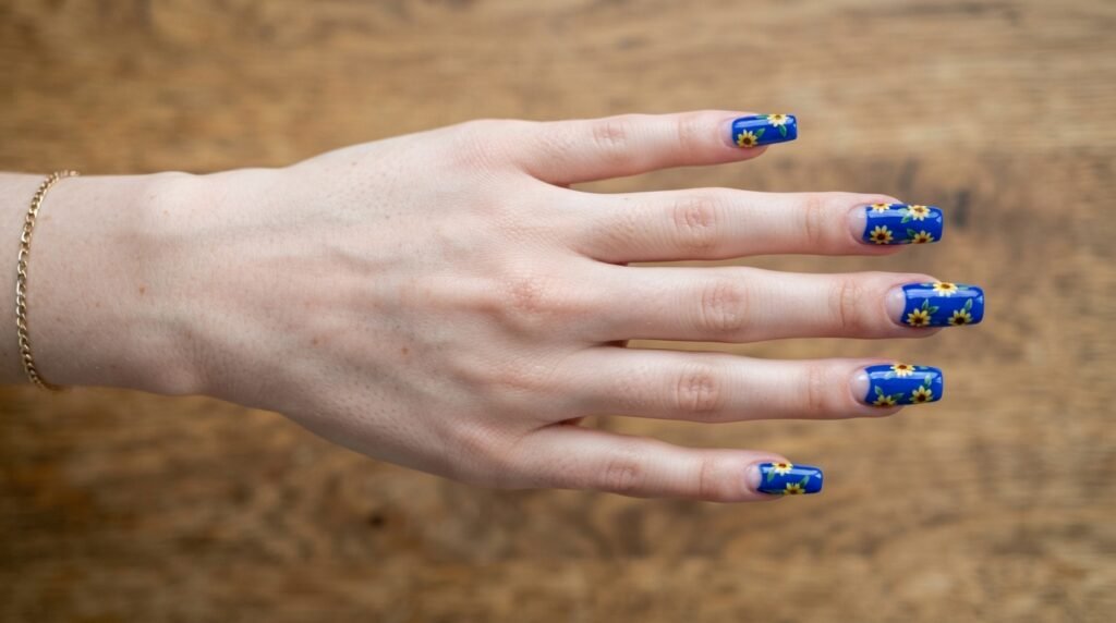 Short almond nails featuring bare negative space at the cuticles bordered by blue polish and yellow sunflowers.