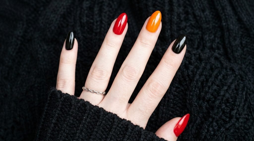Close-up of an 18-year-old female hand with very white skin wearing solid red, orange, and black glossy almond nails against a black sweater.