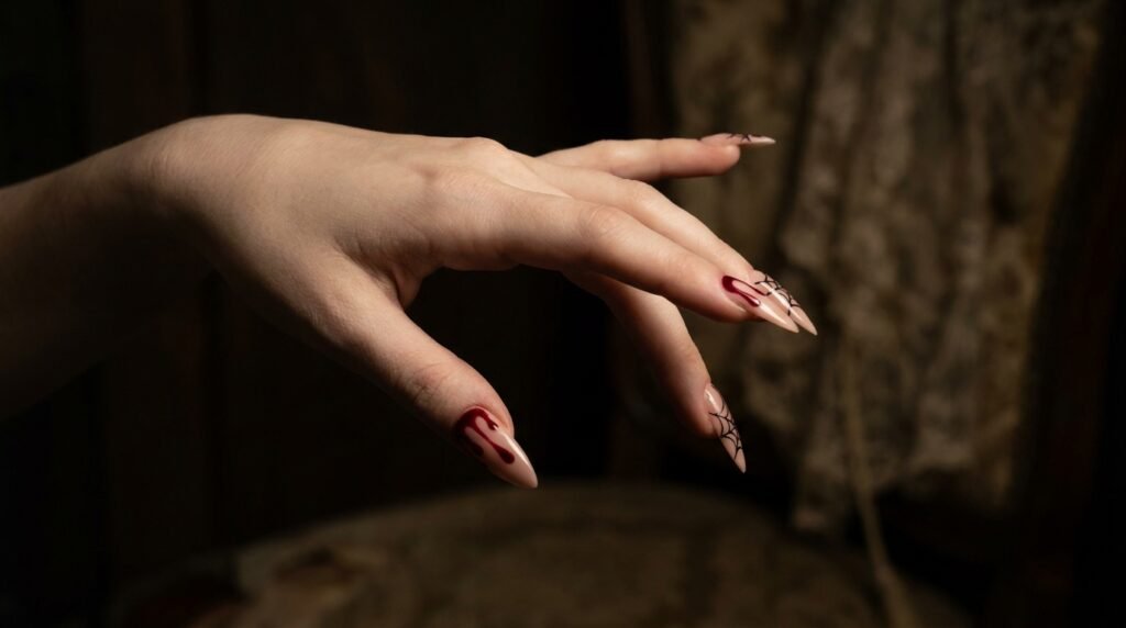Crimson red blood drip nails with black spiderweb graphics on an eighteen year old female hand.