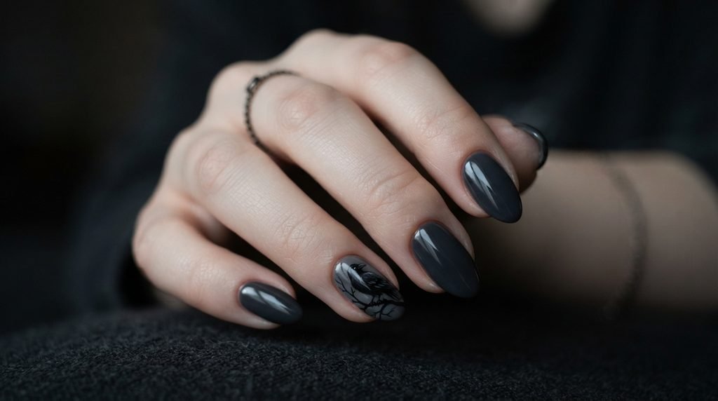 Almond nails with charcoal base and black crow silhouette art on a very white hand.