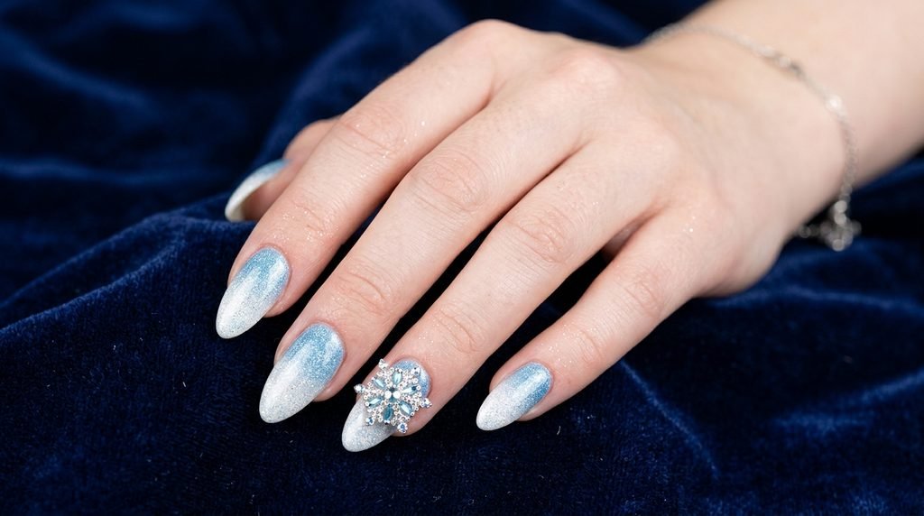 Photorealistic close-up of a female hand with almond blue ombré and crystal snowflake nails against dark velvet