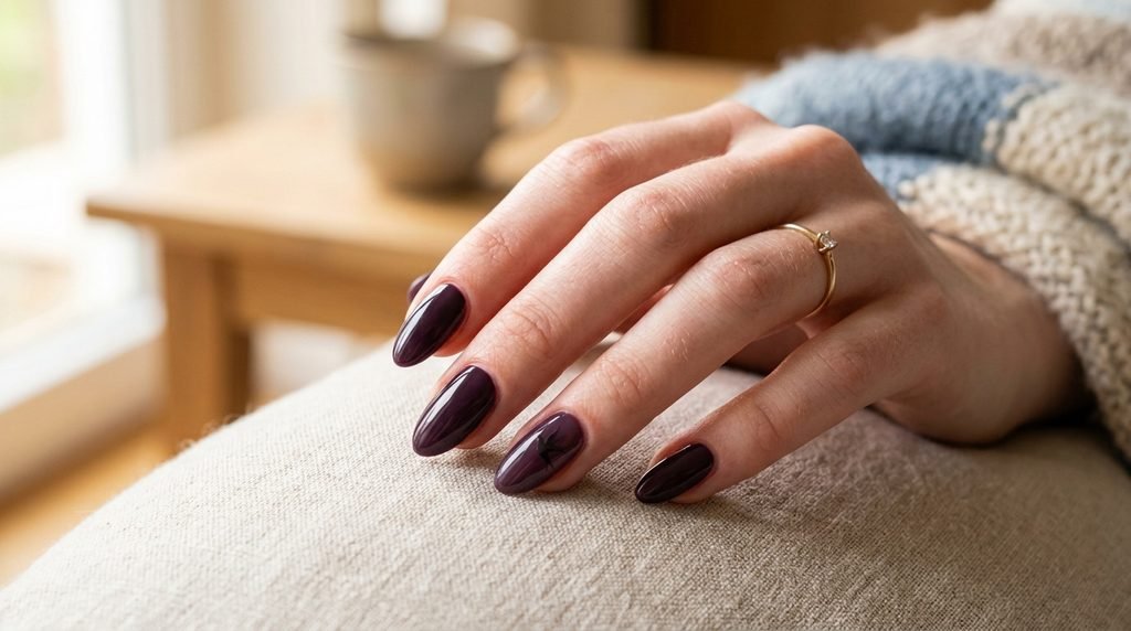 Medium almond nails in dark plum polish with a subtle black bird silhouette accent.