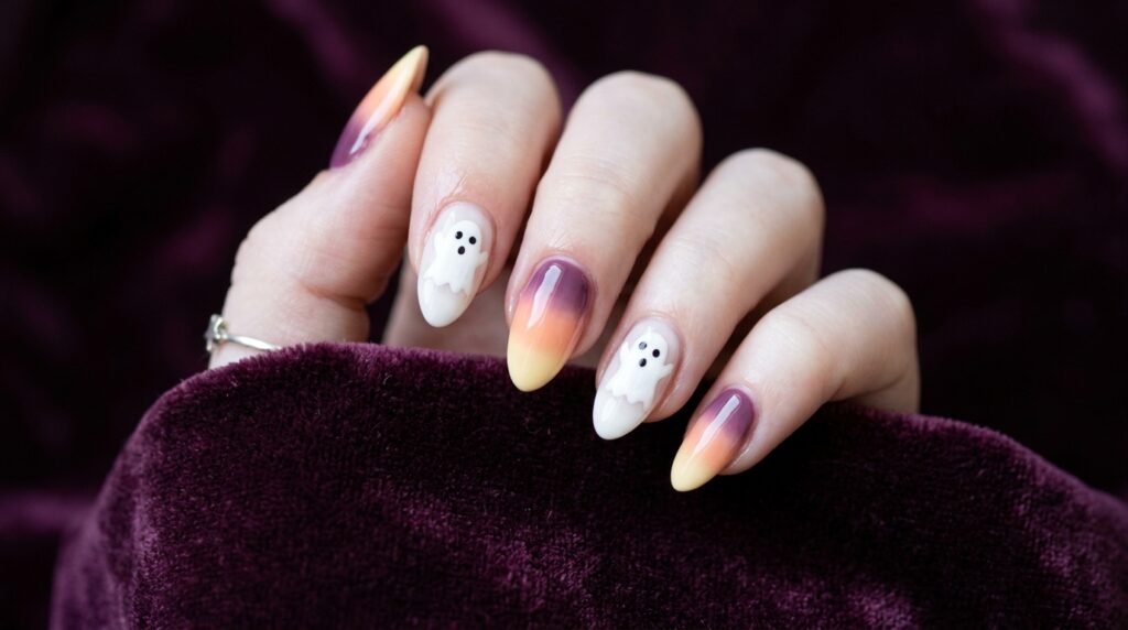 Medium almond nails featuring pastel candy corn gradients and white ghosts on an 18-year-old female hand with pale skin.