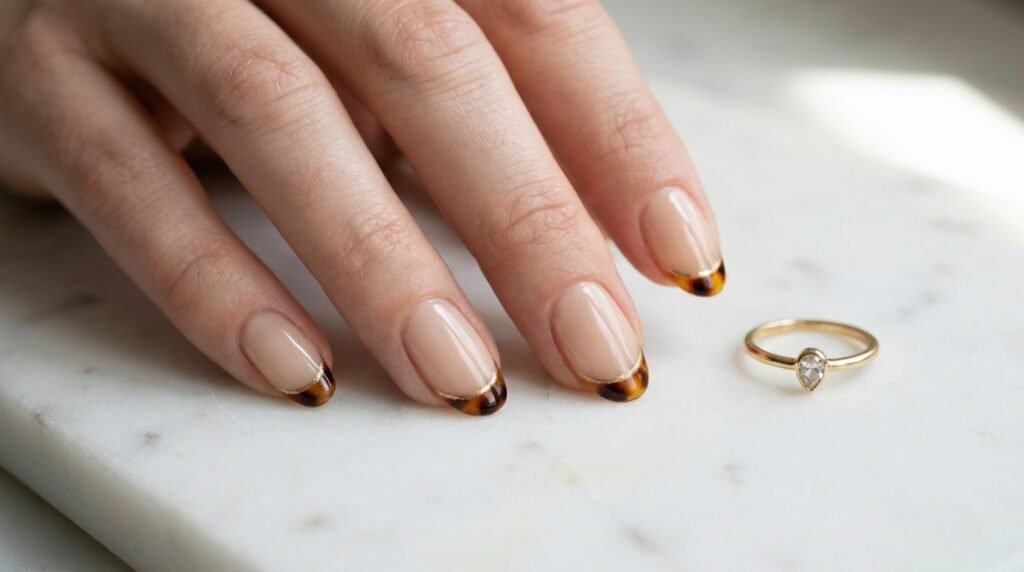 Nude nails with thin tortoiseshell French tips outlined in chrome gold on a white marble surface.
