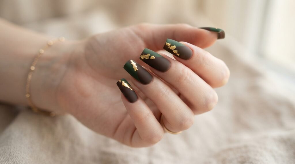 Female hand with very white skin displaying 5 fingers featuring dark brown matte thumb with gold foil.