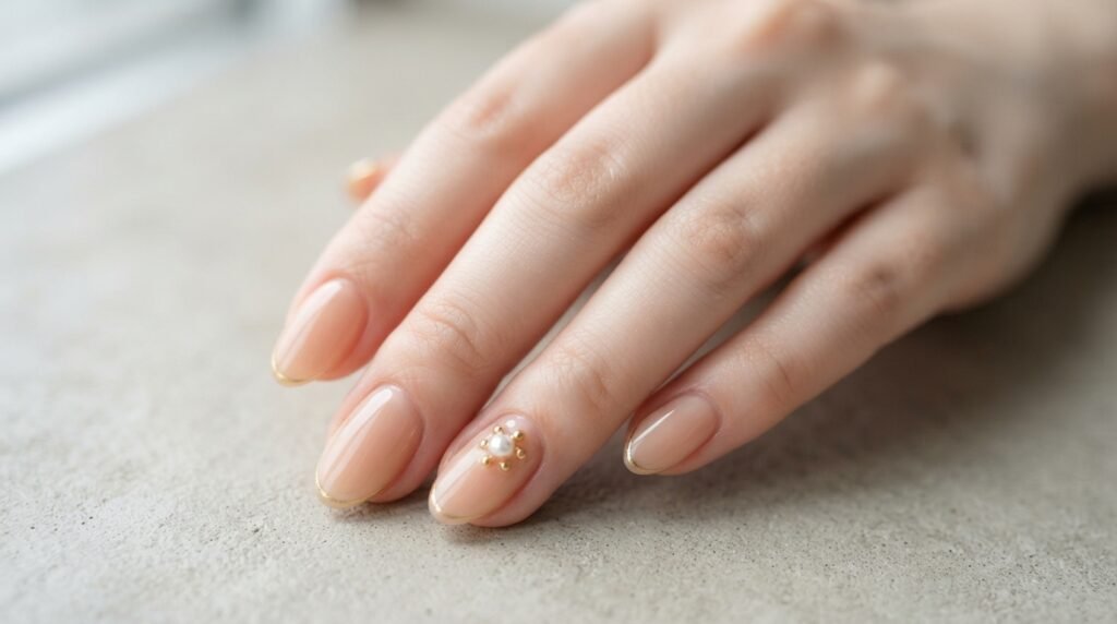 Close-up of manicured female hand with very white skin showing sheer nude almond nails and thin gold tips.