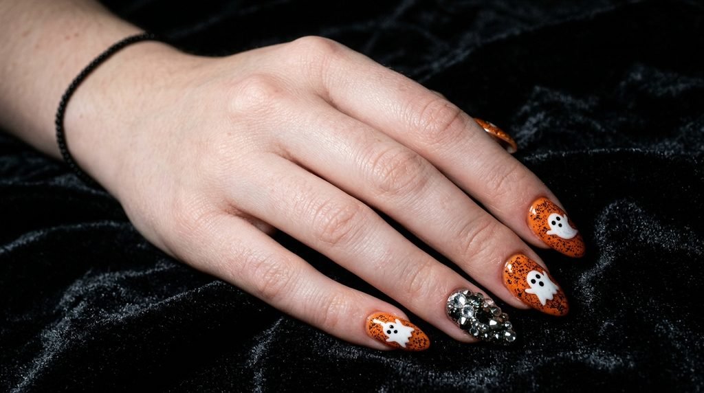 Macro view of glitter and smoky 3D crystal Halloween nail art on an 18-year-old female hand with very white skin.
