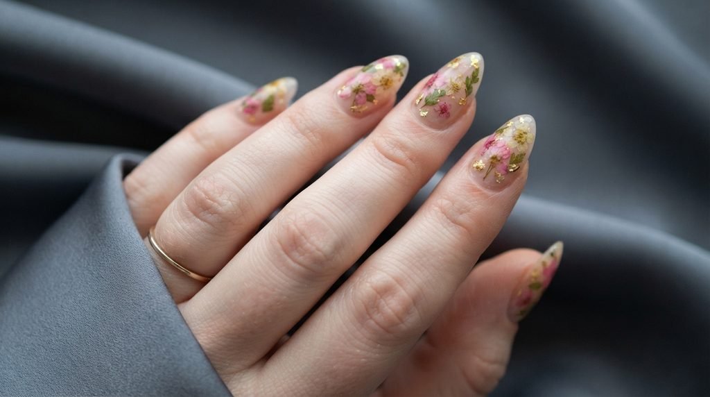 Detailed view of real pressed flowers encapsulated under glossy gel nails on a young female hand with white skin.