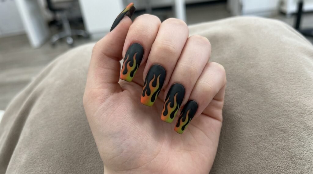 Tapered square nails featuring orange and green gradient flames on very white hand.
