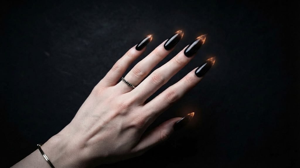 Stiletto nails painted black with glowing yellow and orange flames rising from tips on dark canvas.