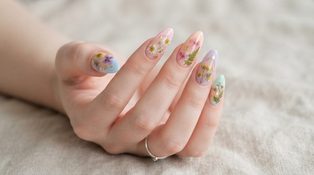 Crisp square-shaped pastel French tip nails with cuticle floral accents on a female hand with white skin.