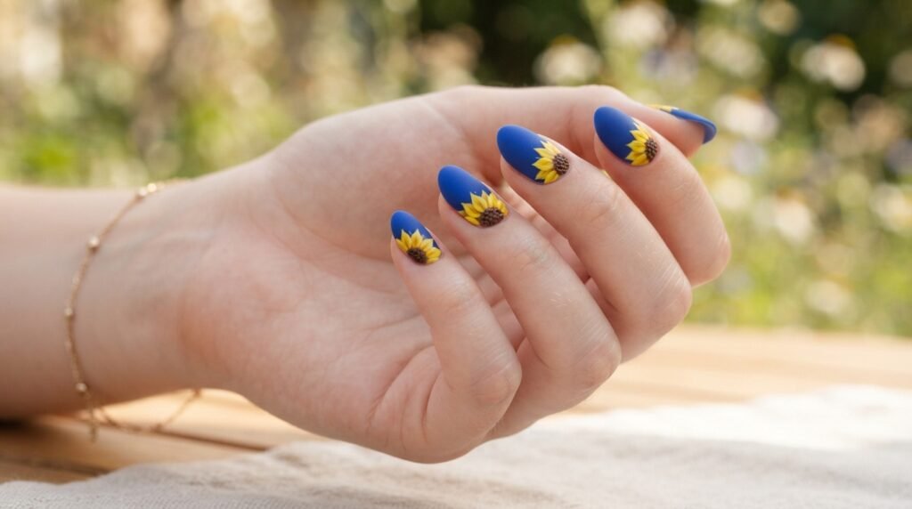 Short almond nails showing yellow half-sunflowers at the cuticle over a matte cobalt blue base.
