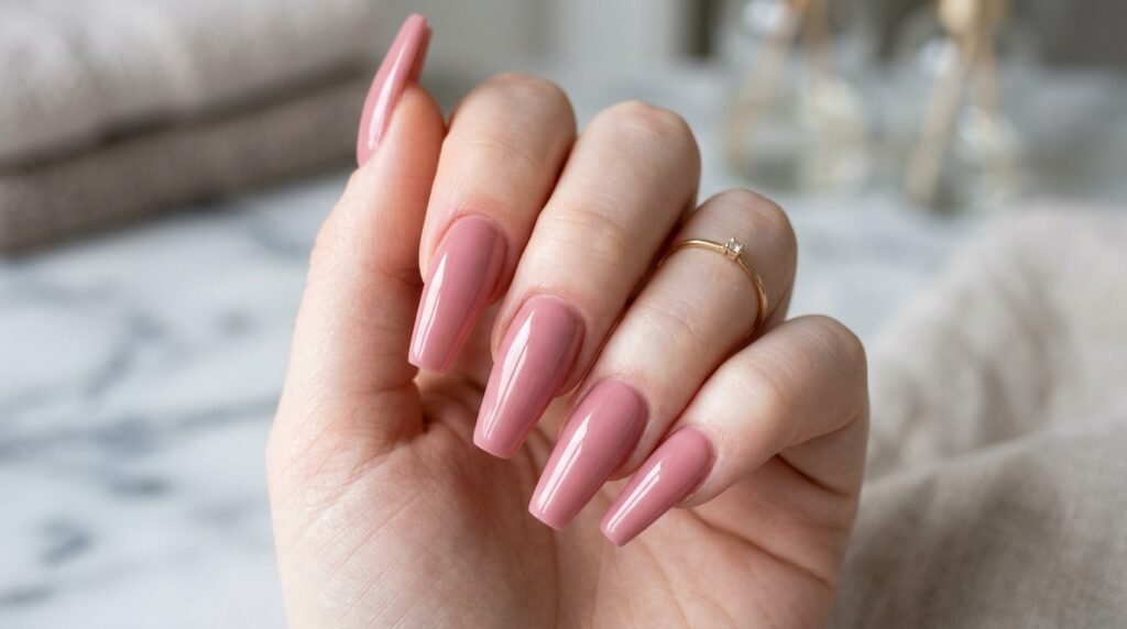 Macro close up of clean cuticle area on manicured coffin gel nails.
