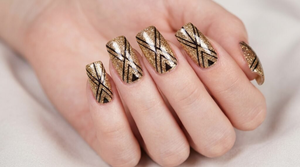 Square nails with a sparkling gold glitter base decorated with hand-painted black geometric line art.