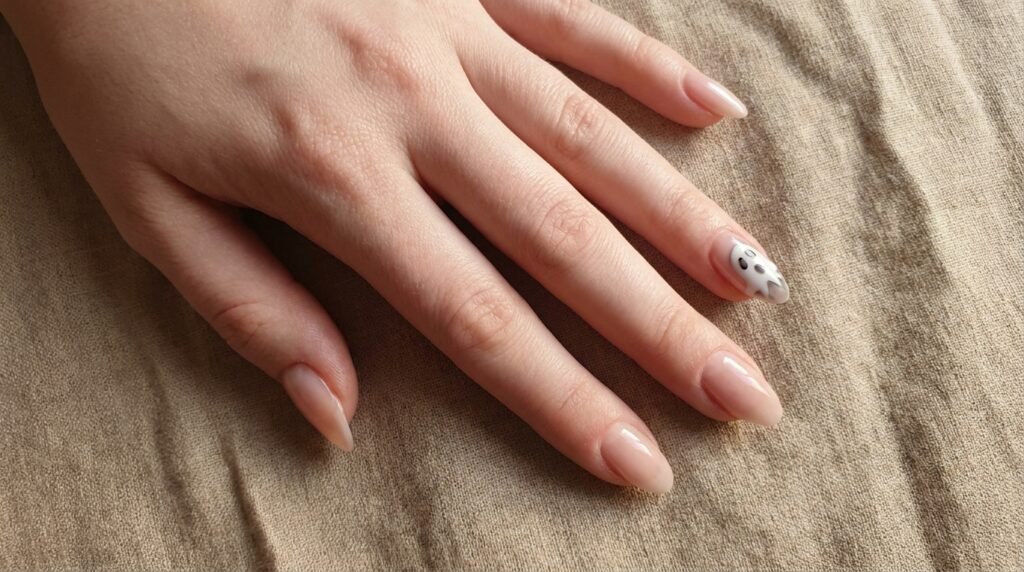 Almond shaped nails with a detailed ghostface accent nail on a young female hand with fair skin.