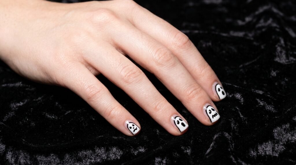 Short square nails with black and white ghost mask nail art on an eighteen year old hand with light skin.
