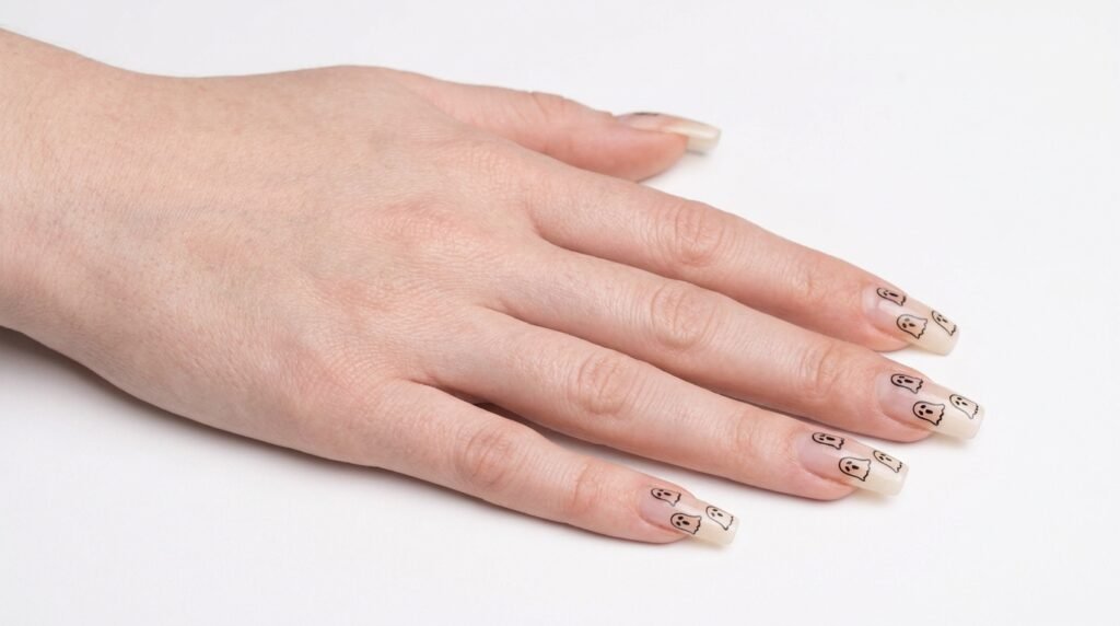 Short square nails with crisp stamped ghost face nail art on a young female hand with very white skin.