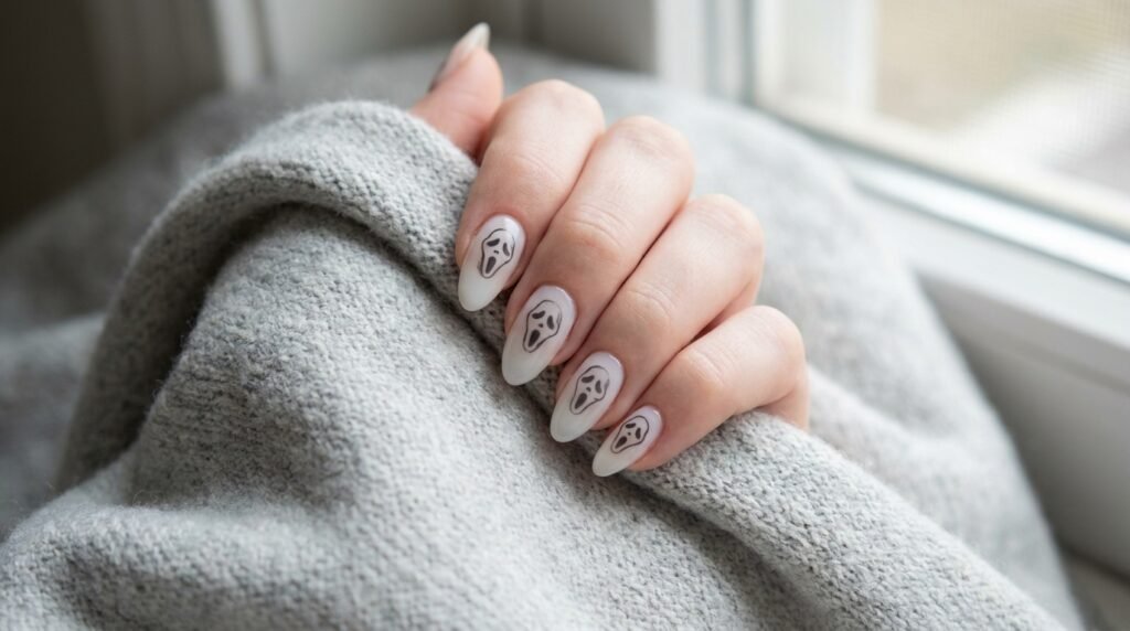 Translucent milky white almond nails with charcoal ghost mask detailing on a fair hand.
