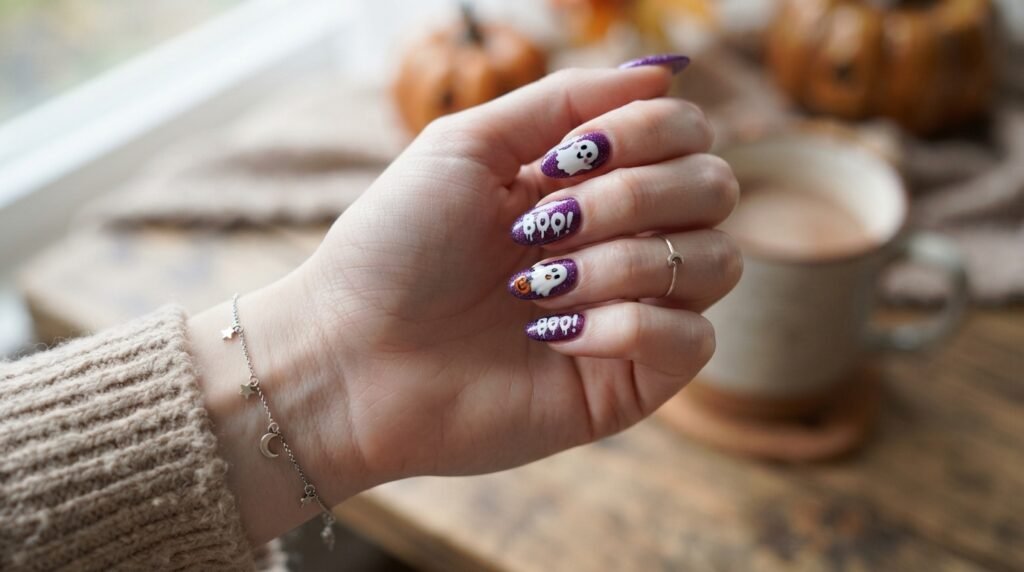 Ghost nail art and dripping BOO text on purple glitter coffin nails.
