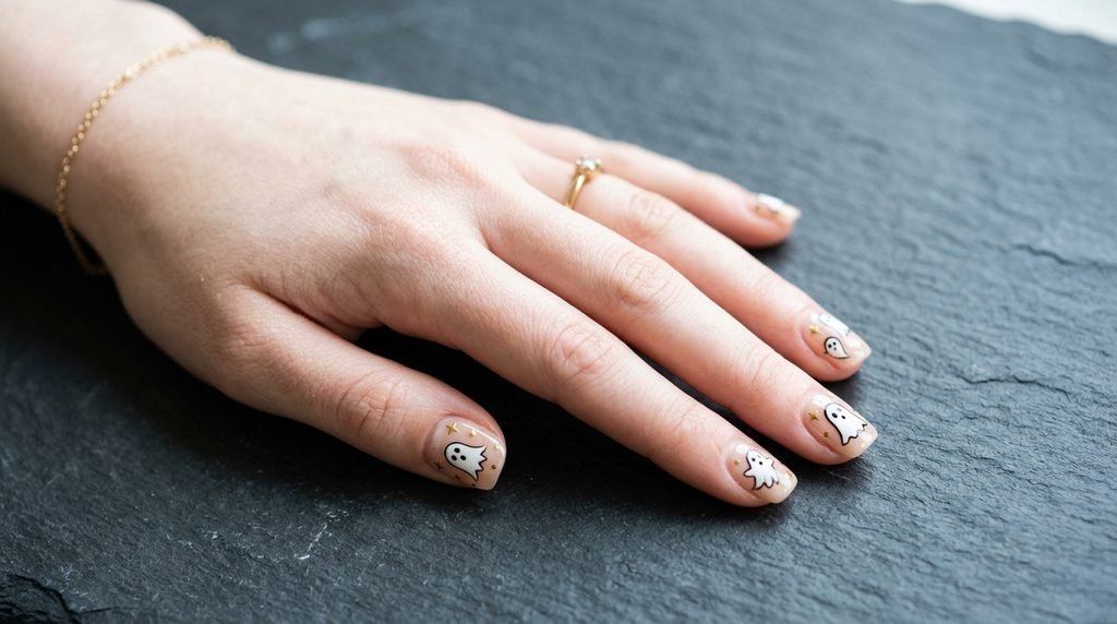 Negative space nude nails featuring black and white ghost outlines on white skin hand over slate gray