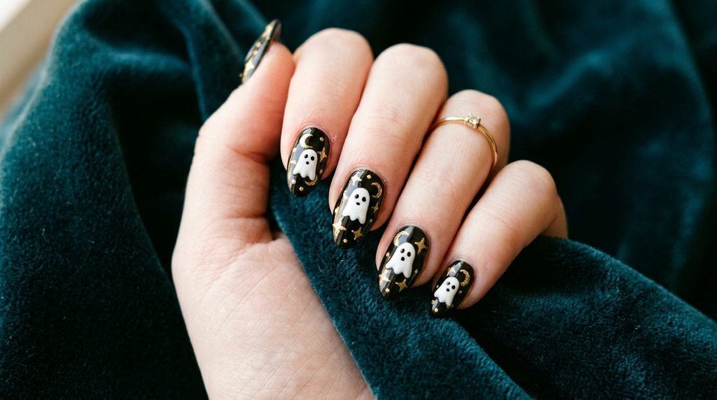 Black almond nails decorated with ghosts, gold stars, and moons on white skin hand over dark teal velvet