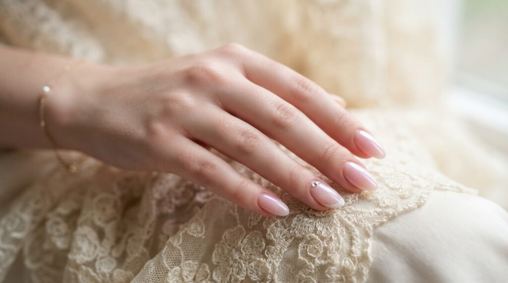 Close-up of sheer pink glazed almond nails with a subtle micro-French line against soft white lace fabric.