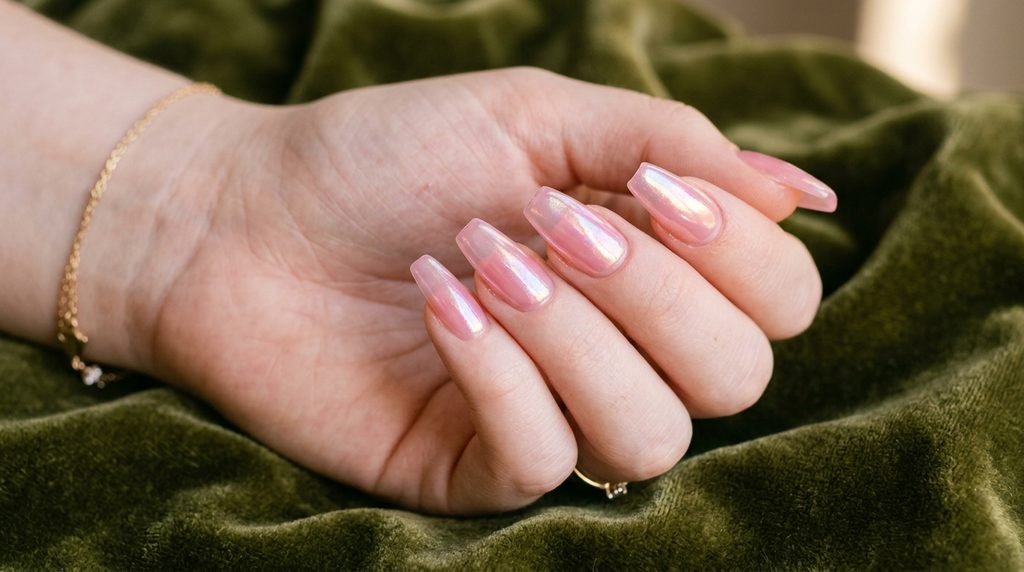Close-up photograph of an 18-year-old female hand with smooth, very white skin, featuring medium-length coffin nails with a translucent, glassy pink jelly and pearlescent iridescent glaze finish, posed against a luxurious deep olive green velvet background.