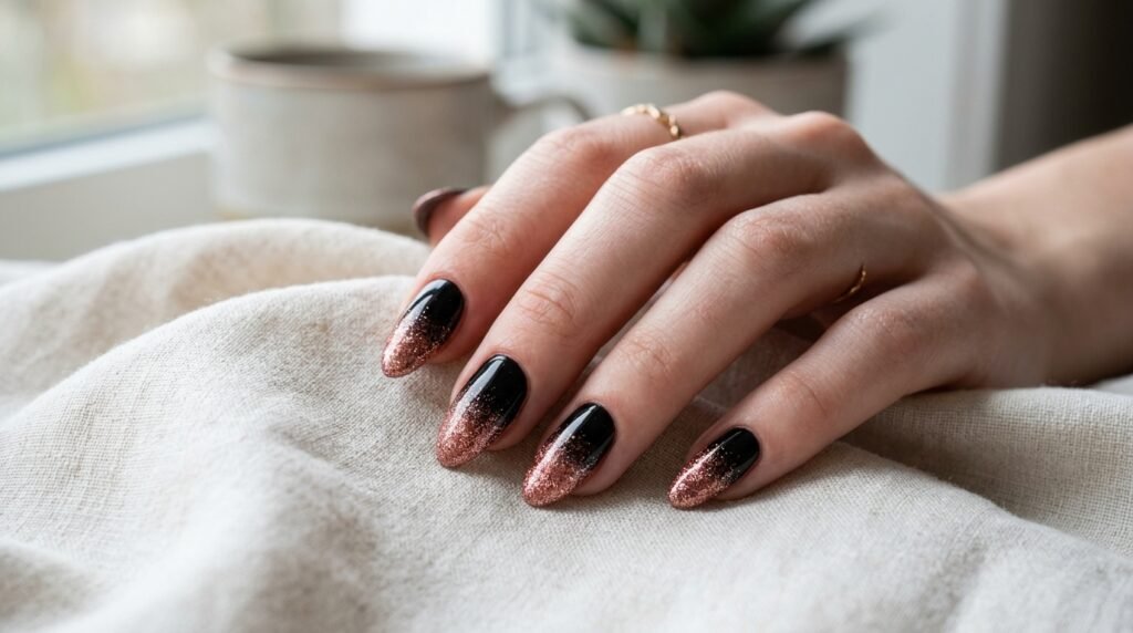 Almond nails featuring an opaque black polish base fading into metallic rose gold glitter tips.