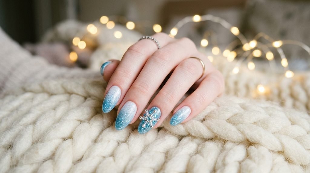 Close-up of female hand with blue ombré snowflake nails resting on a cozy white wool blanket with fairy lights.