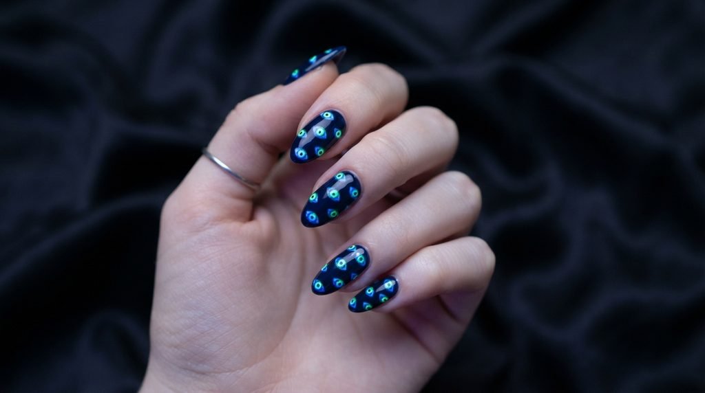 Navy almond nails decorated with scattered glowing blue and green eyeball art on dark silk.