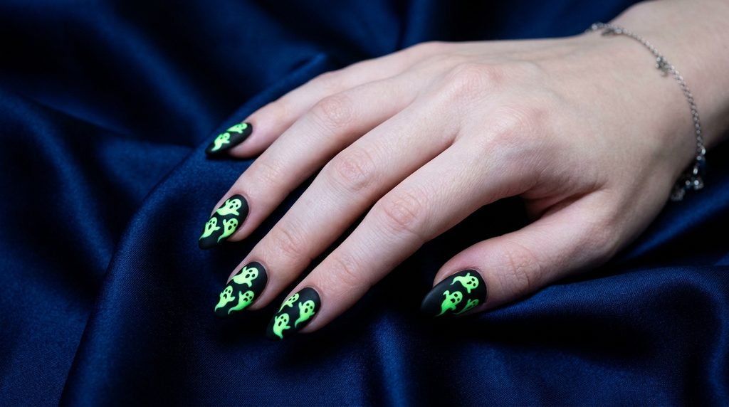 Split illumination view of a female hand displaying soft ambient glow polish versus intense UV blacklight reactive neon gel.