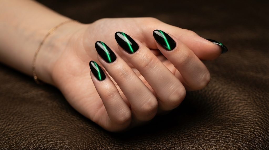 Close-up of eighteen-year-old female hand with very white skin showing black and green magnetic nails against dark bronze leather.