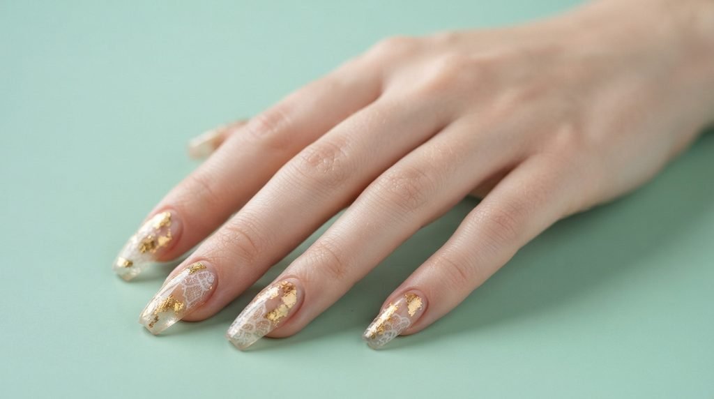 Ultra-glossy encapsulated gold foil coffin nails on an 18-year-old white hand against a mint green background.