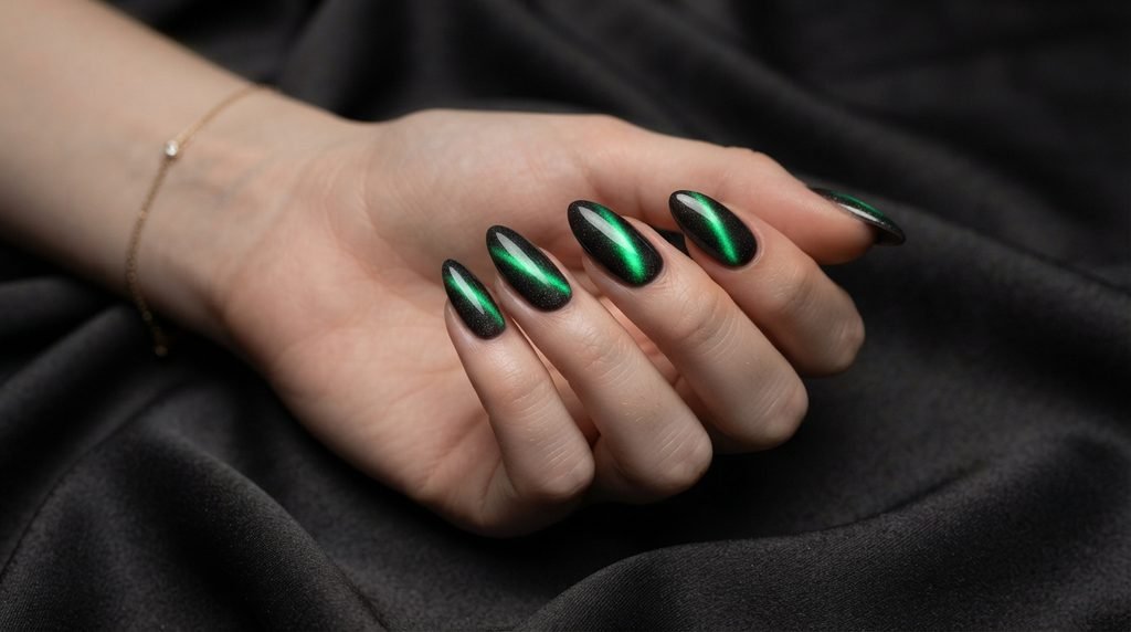 Cat-eye shimmering nails showing a central green glowing aura beam on dark charcoal silk.