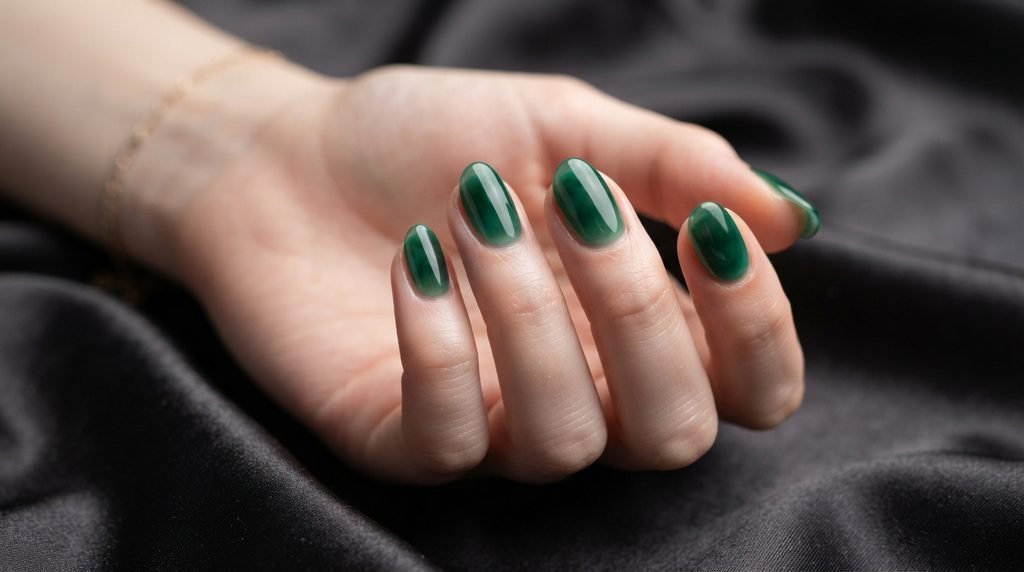 Nails painted with a sheer emerald base coat layer.