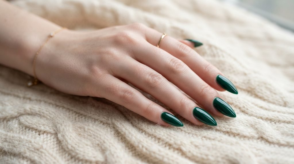 Fair-skinned eighteen year old hand displaying solid glossy emerald green stiletto nails against a cream cashmere blanket.