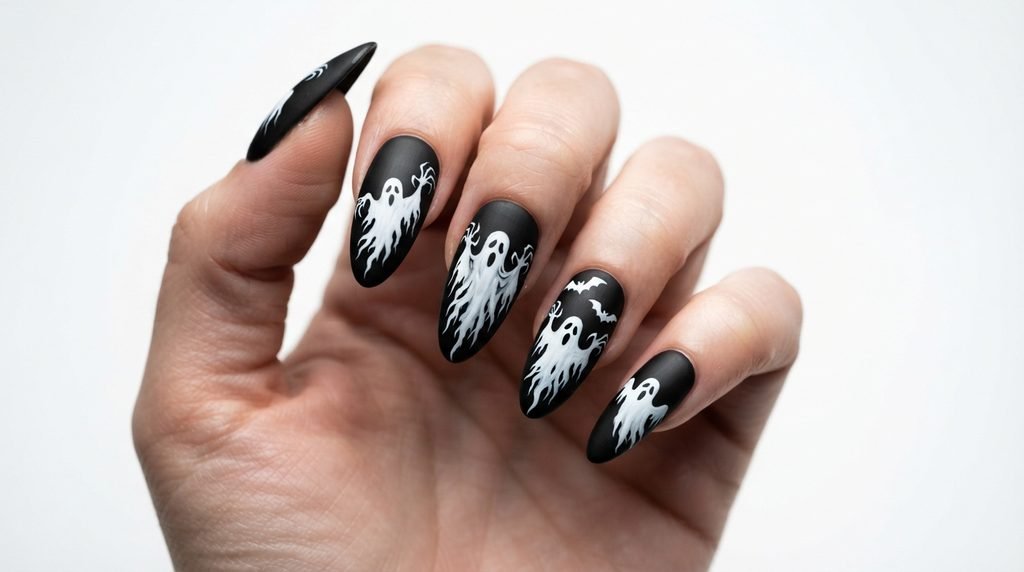 Close up of white skin female hand with long coffin black nails featuring white ghost silhouettes and fine gold accents.