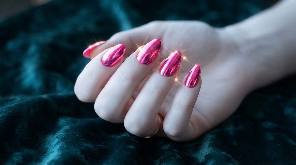 Blindingly close-up shot of an 18-year-old female hand with very white skin, featuring medium-length coffin nails with an intensely reflective, mirror-like hot pink chrome finish, posed dramatically against a luxurious dark emerald green velvet background.