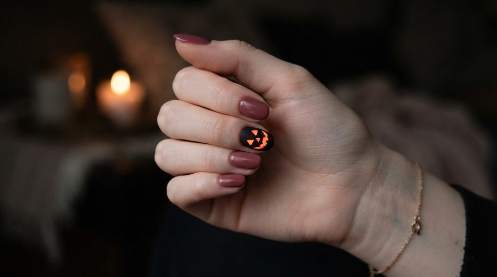 An 18-year-old female hand with white skin showing a middle nail painted with a glowing orange jack-o'-lantern face.