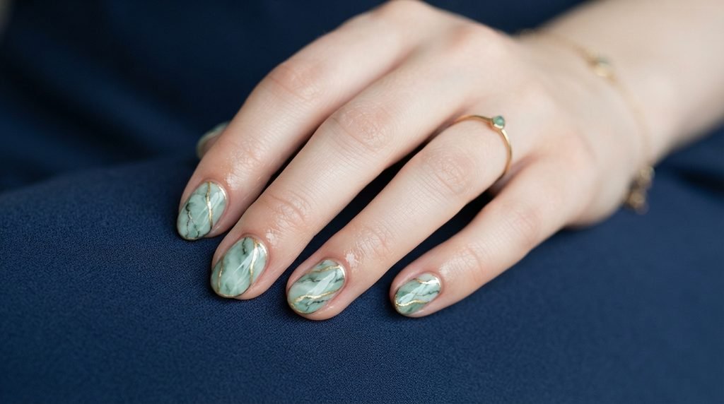 Short almond shaped nails with subtle green marble and gold accents.