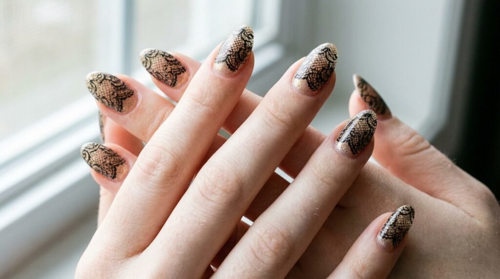 Almond nails showcasing delicate black lace patterns stamped over a sheer gold glitter base coat.
