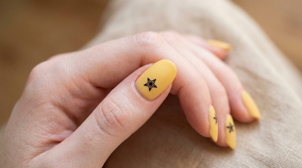 Close-up of crisp cured black star line art on matte yellow nail base.