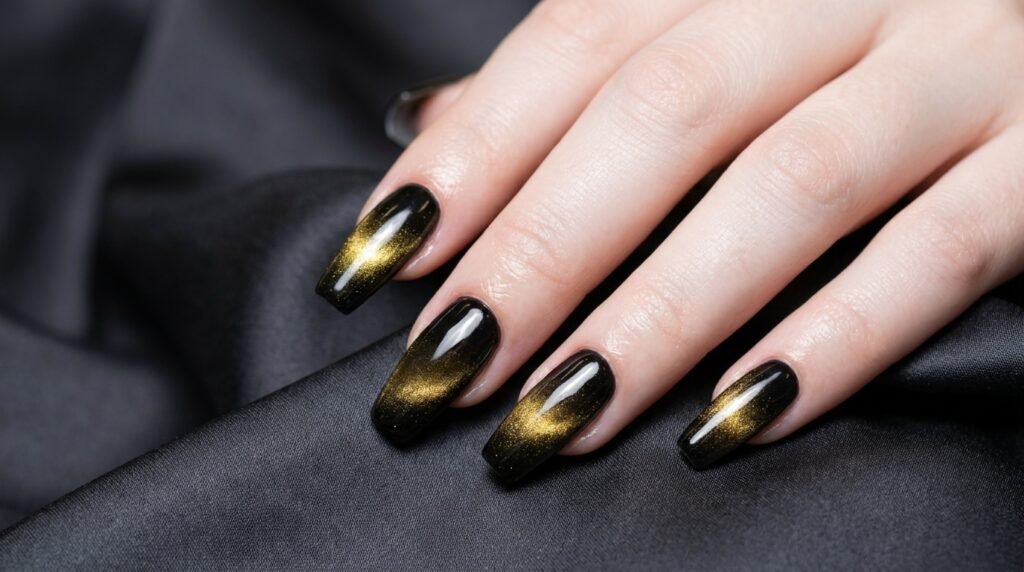 Coffin nails on a white 18-year-old female hand featuring a magnetic gold cat-eye velvet shimmer over black polish.